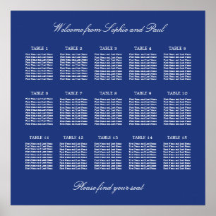 Dark Blue 15 Table Wedding Seating Chart Poster
