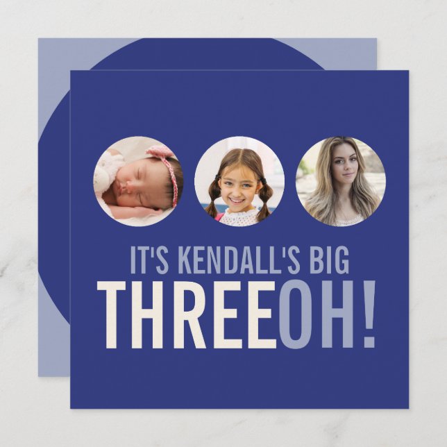 Dark blue 30th THREEOH! photo birthday Invitation (Front/Back)