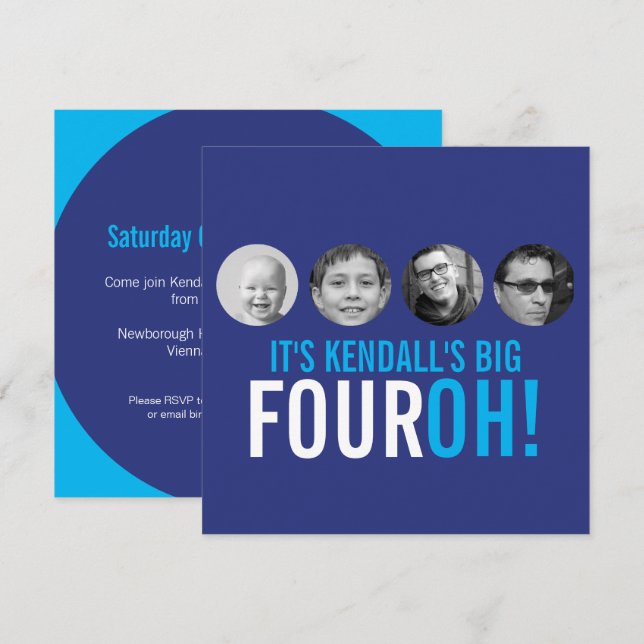 Dark blue 40th FOUROH! photo birthday Invitation (Front/Back)