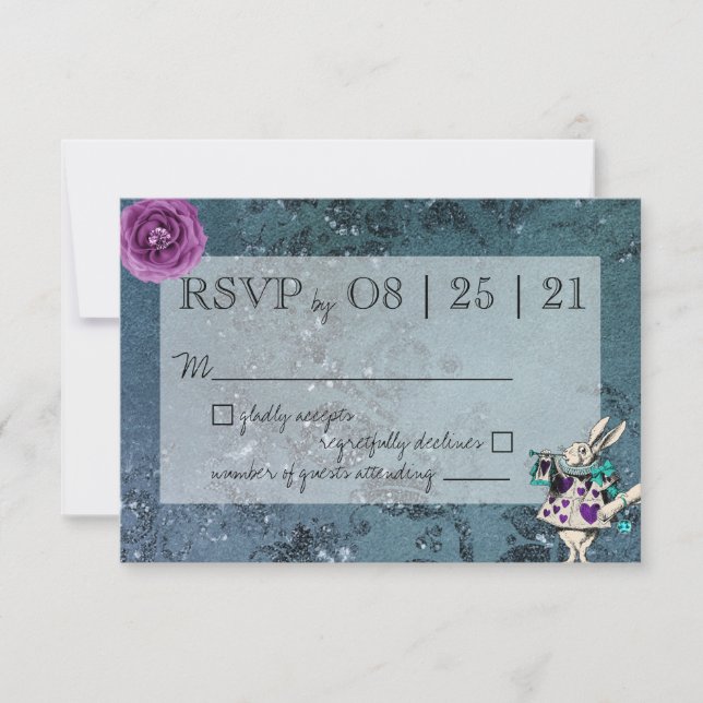 Dark Blue Alice in Wonderland Wedding RSVP (Front)