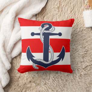 Dark Blue Anchor Chic Nautical Red Stripes Pattern Throw Pillow