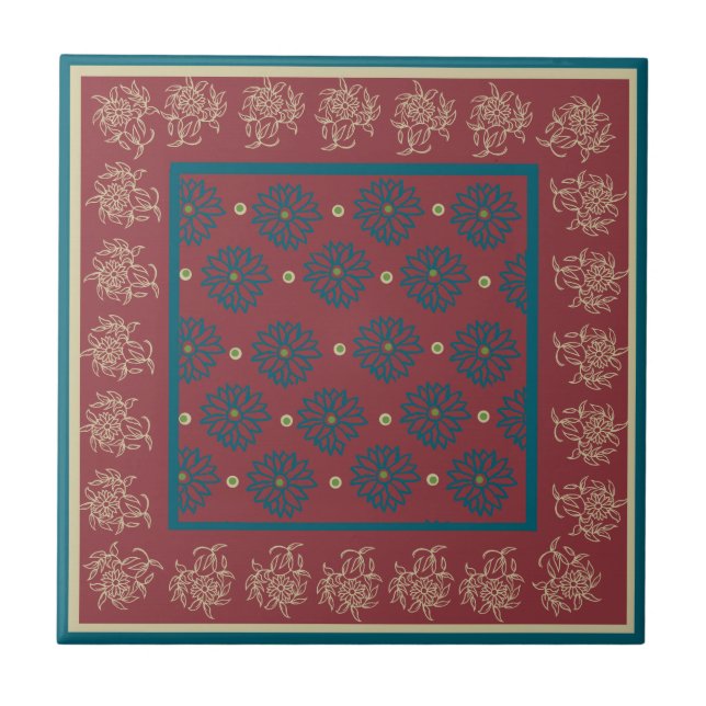 Dark Blue and Beige Floral Pattern on Deep Red Tile (Front)