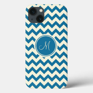 Dark Blue And Beige Retro Chevron Monogram iPhone 13 Case