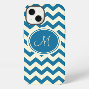 Dark Blue And Beige Retro Chevron Monogram iPhone 13 Case
