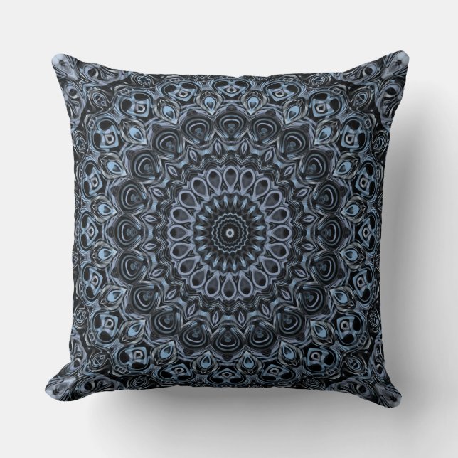Dark Blue and Black Mandala Pattern Design Throw Pillow (Front)