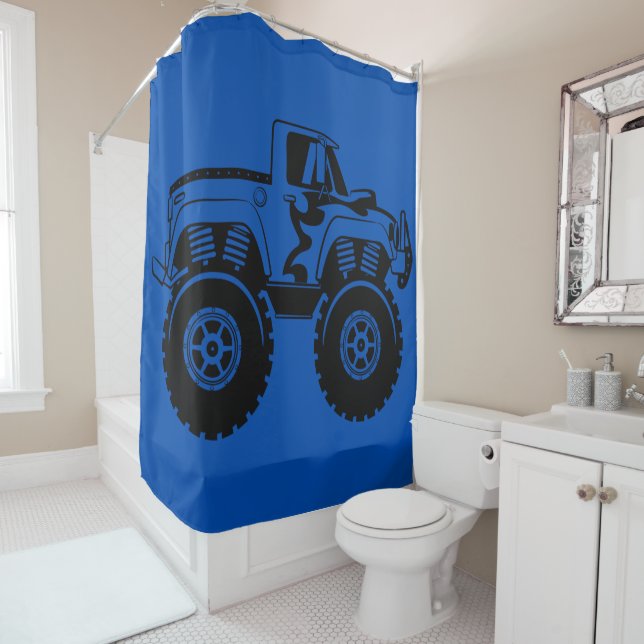 Dark Blue and Black Monster Truck Shower Curtain (In Situ)