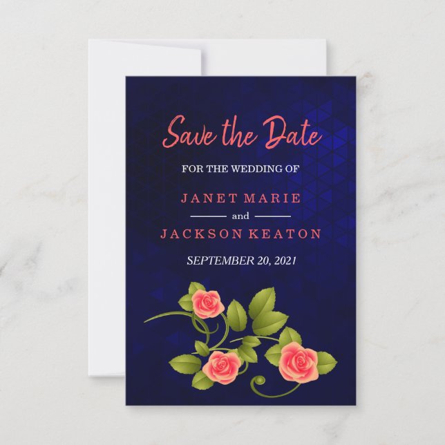 Dark Blue and Coral Rose Flower Save The Date (Front)