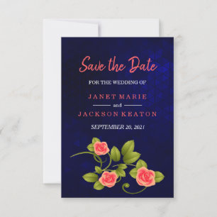 Dark Blue and Coral Rose Flower Save The Date