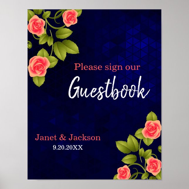 Dark Blue and Coral Rose Guestbook Sign (Front)