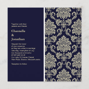 Dark Blue and Cream Damask Wedding Invitation