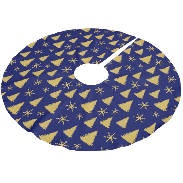 Dark Blue and Gold Christmas Tree Pattern Brushed Polyester Tree Skirt (Angled)