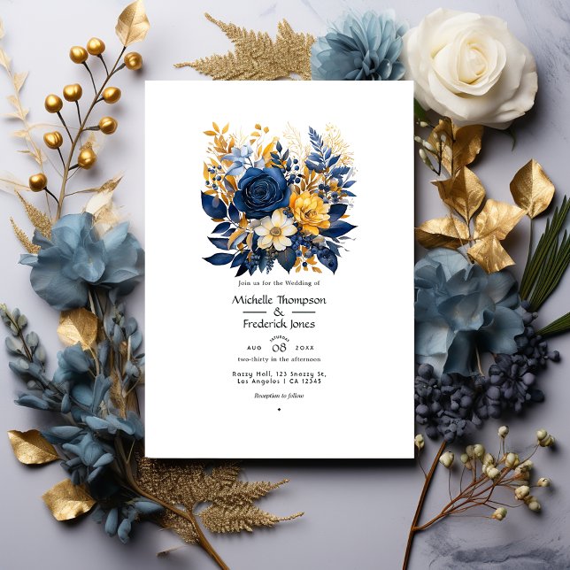 Dark Blue and Gold Floral Wedding Invitation (Creator Uploaded)