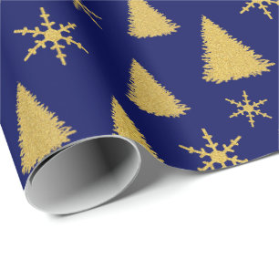 Dark Blue and Gold Glitter Christmas Tree Pattern Wrapping Paper