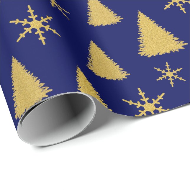 Dark Blue and Gold Glitter Christmas Tree Pattern Wrapping Paper (Roll Corner)
