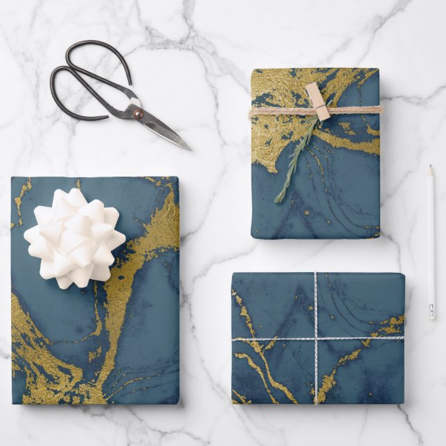 Dark Blue and Gold Marble Look Wrapping Paper Sheet (Front)