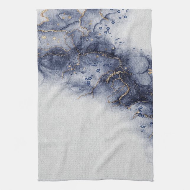 Dark blue and gold watercolor ink marks kitchen towel (Vertical)