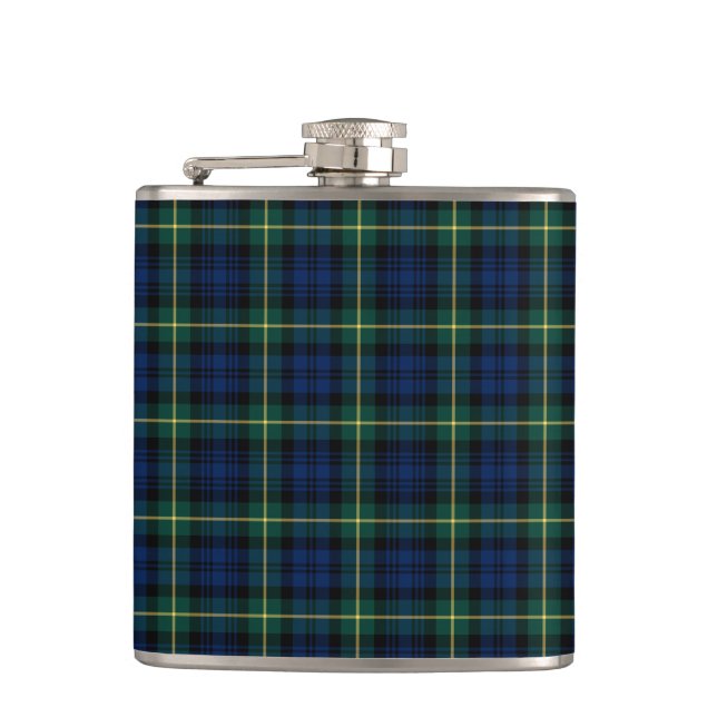 Dark Blue and Green Gordon Clan Scottish Plaid Hip Flask (Front)