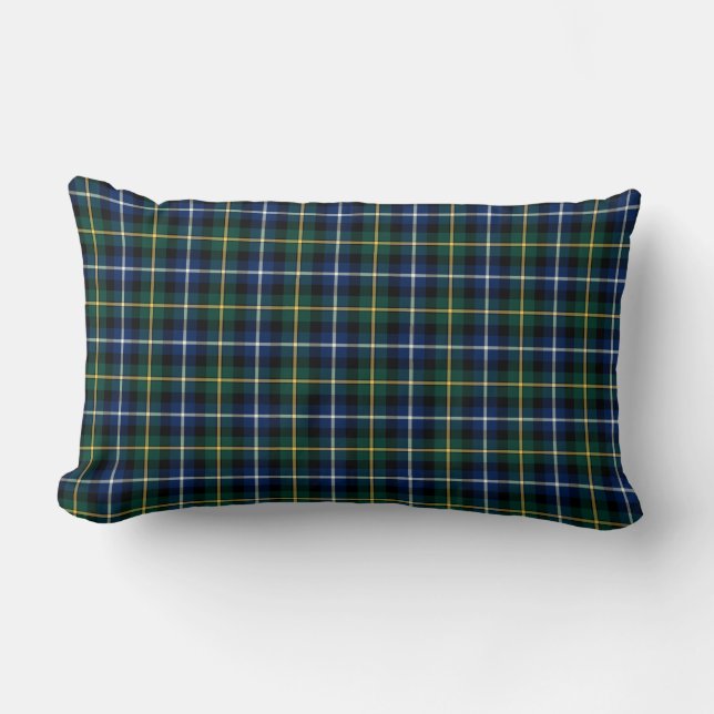 Dark Blue and Green MacNeil Clan Scottish Plaid Lumbar Pillow (Front)