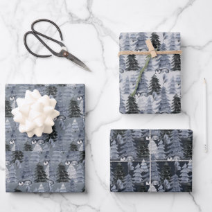 Dark Blue and Grey Christmas Trees Wrapping Paper Sheet