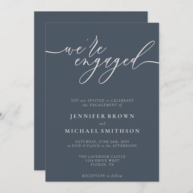 Dark Blue and Ivory Grey We are engaged Invitation (Front/Back)