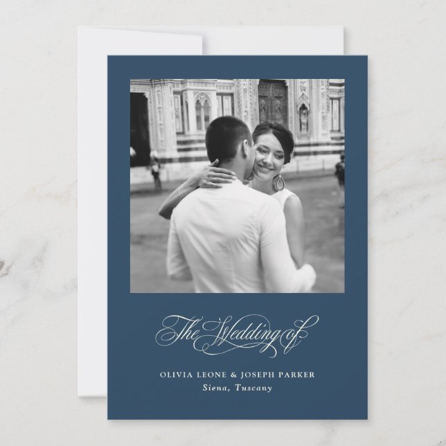 Dark Blue and Ivory Italian Elegance Photo Wedding Invitation (Front)