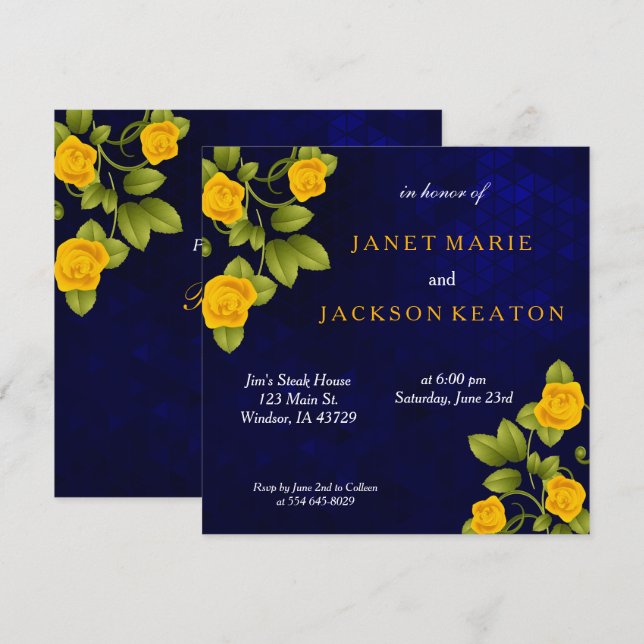 Dark Blue and Marigold Yellow Rose Flower Wedding Invitation (Front/Back)