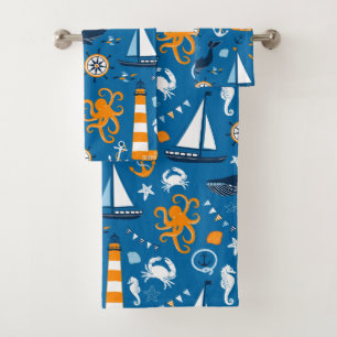 Dark Blue and Orange Nautical Scene Pattern Kids Bath Towel Set