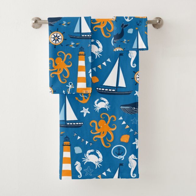 Dark Blue and Orange Nautical Scene Pattern Kids Bath Towel Set (Insitu)