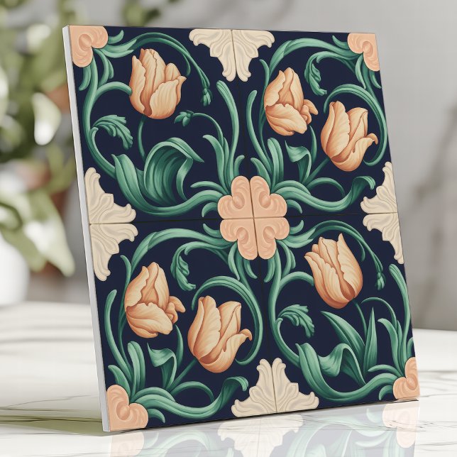 Dark Blue and Peach Arts and Crafts Tulip Tile (Creator Uploaded)