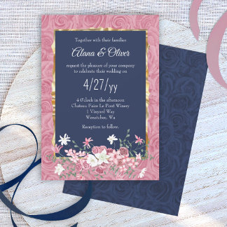 Dark Blue and Pink Rose Bouquet, Arched Wedding Invitation