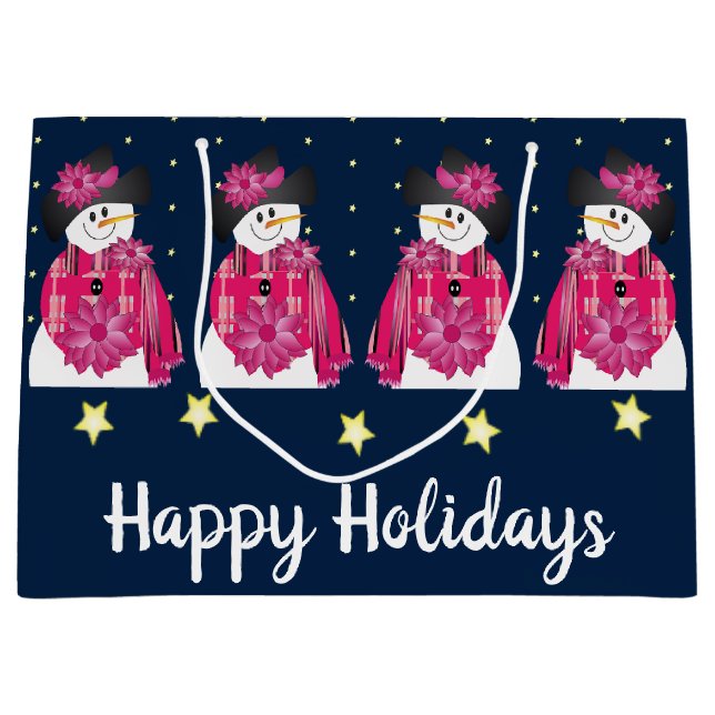 Dark Blue And Pink Snowman Large Gift Bag (Front)