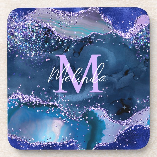 Dark Blue and Purple Glitter Ocean Agate Coaster (Front)