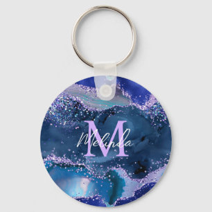 Dark Blue and Purple Glitter Ocean Agate Keychain