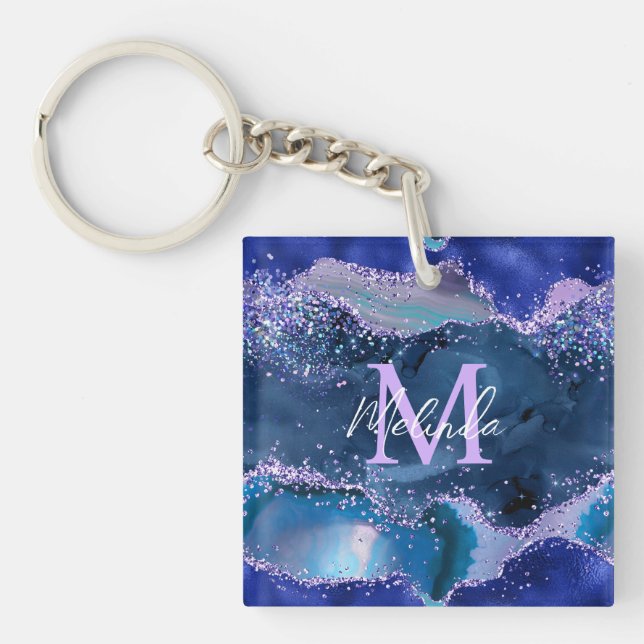 Dark Blue and Purple Glitter Ocean Agate Keychain (Front)