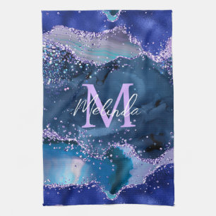 Dark Blue and Purple Glitter Ocean Agate Kitchen Towel
