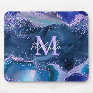 Dark Blue and Purple Glitter Ocean Agate Mouse Pad