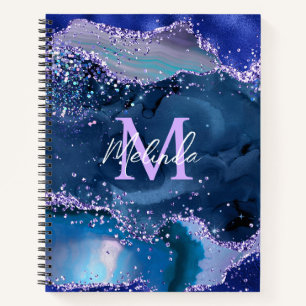 Dark Blue and Purple Glitter Ocean Agate Notebook