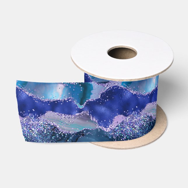 Dark Blue and Purple Glitter Ocean Agate Satin Ribbon (Spool)
