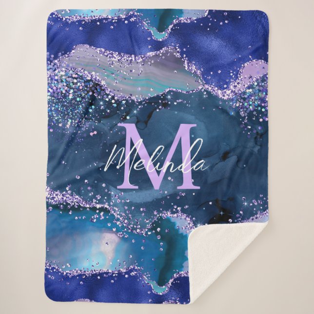 Dark Blue and Purple Glitter Ocean Agate Sherpa Blanket (Front)