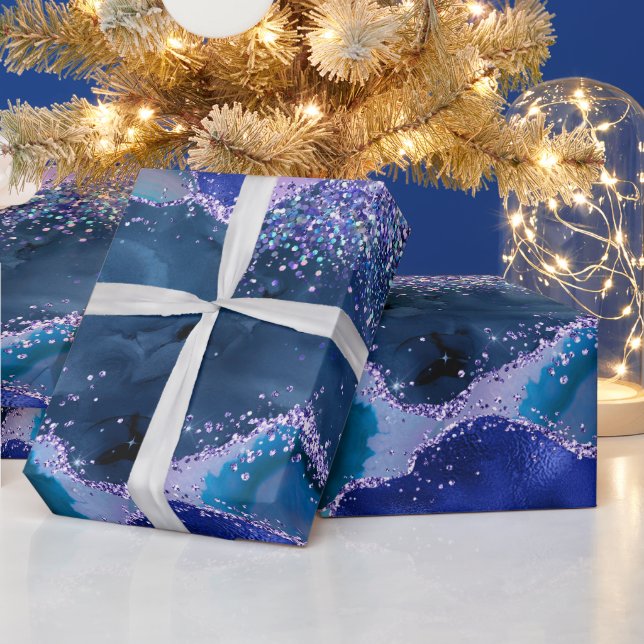 Dark Blue and Purple Glitter Ocean Agate Wrapping Paper (Holidays)