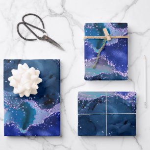 Dark Blue and Purple Glitter Ocean Agate Wrapping Paper Sheet