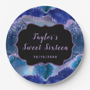 Dark Blue and Purple Ocean Agate Sweet Sixteen Paper Plate