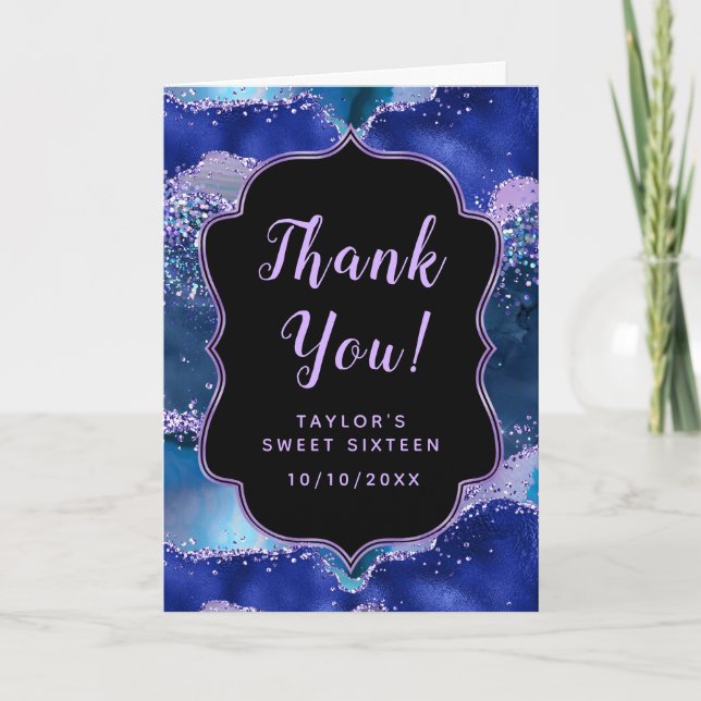 Dark Blue and Purple Ocean Agate Sweet Sixteen Thank You Card (Front)