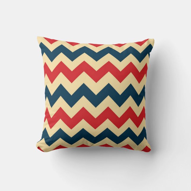 Dark Blue and Red Chevron Zigzag Pattern Throw Pillow (Front)
