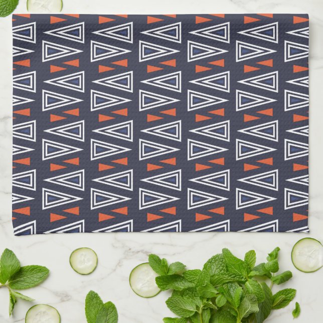Dark Blue and Red Geometric Triangles Pattern Kitchen Towel (Folded)