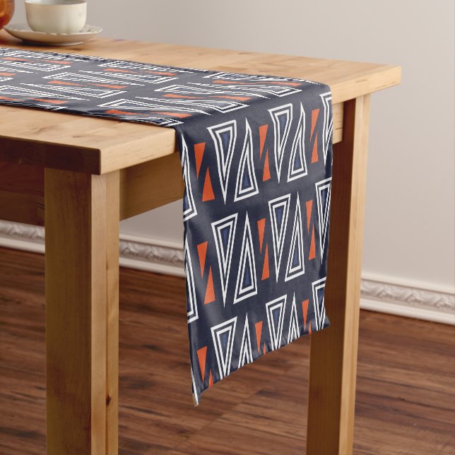 Dark Blue and Red Geometric Triangles Pattern Short Table Runner (In Situ)