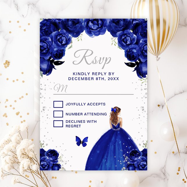 Dark Blue and Silver Brown Hair Princess RSVP Card (Creator Uploaded)
