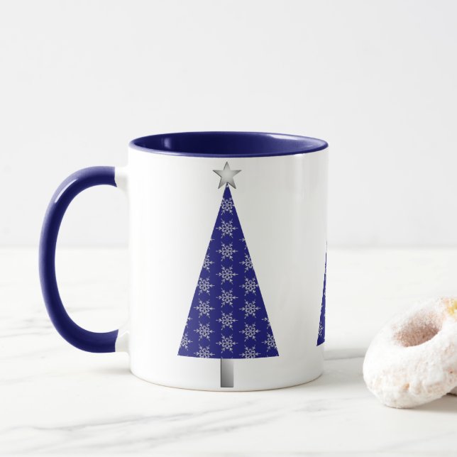 Dark Blue and Silver Snowflakes Christmas Tree Mug (With Donut)