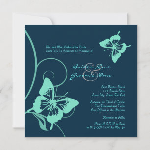 Dark Blue and Teal Butterfly Wedding Invitation