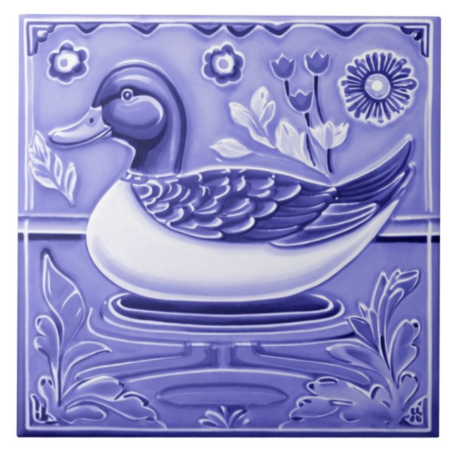 Dark Blue and White Duck European Folk Animal Art Tile (Front)